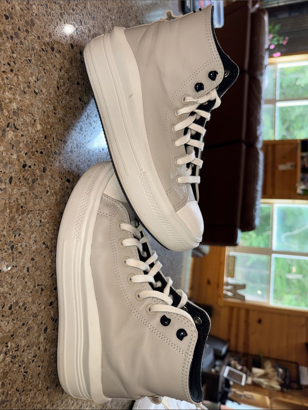 Converse High Top Platform Sneakers in Light Cream with Black Patch - Picture 3 of 4